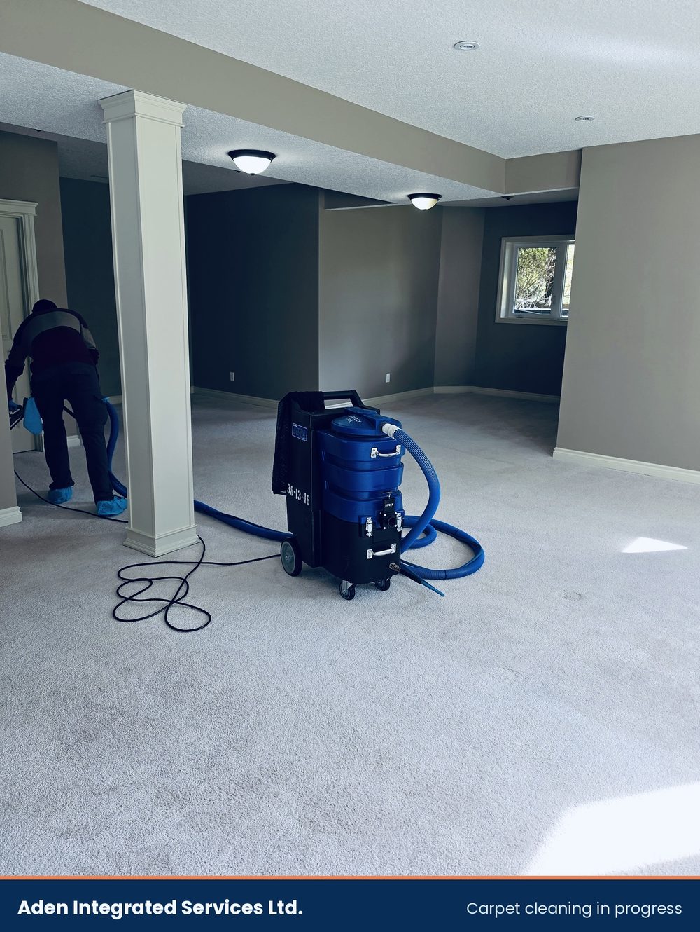 Hot water extraction machine and hose on a Calgary basement carpet