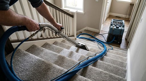 A carpet cleaning wand working down a carpeted staircase, hoses running to a portable extractor in the hall