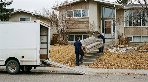 Two workers carrying an old sofa down the front steps of a house to a waiting van with its ramp down