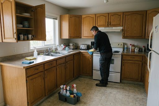 A Calgary kitchen being cleaned mid-job, cleaning caddy on the floor and upper cabinets open