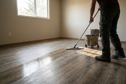 A flat mop being pushed across vinyl plank flooring in an empty room, wringer bucket alongside