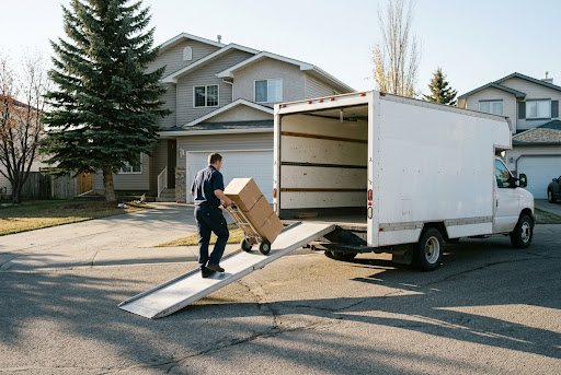 A worker wheeling a hand truck of cardboard boxes up the ramp into a cube van on a Calgary driveway