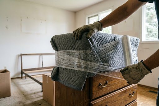 Gloved hands wrapping furniture in a moving blanket and securing it with clear stretch wrap in an emptied bedroom