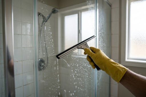 A gloved hand drawing a squeegee down shower enclosure glass, water running off behind the blade